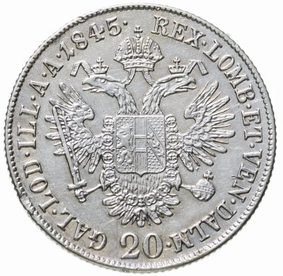 купить Австрия 20 крейцеров (kreuzer) 1845 А знак монетного двора "А" - Вена