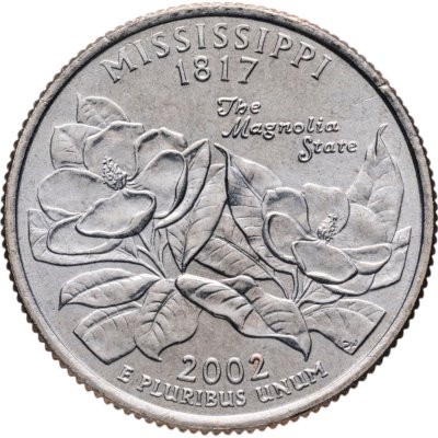купить США 25 центов (квотер, 1/4 доллара, quarter dollar) 2002 P Квотер штата Миссисипи знак монетного двора: "P" - Филадельфия