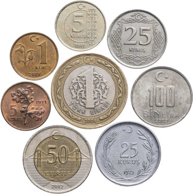 купить Турция набор 8 шт. 1, 100 лир, 1, 2, 5, 25, 50 куруш 1971-2012 гг