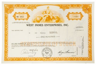 купить Акция США WEST INDIES ENTERPRISES, INC. , 1970 г.
