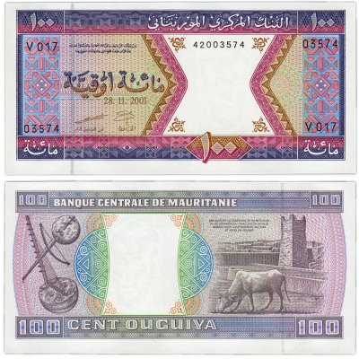 купить Мавритания 100 угия 2001 "Коровы. Мечеть Великой пятницы в Шингетти." Рick-4j