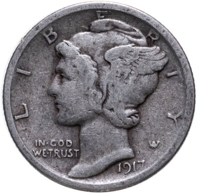 купить США 10 центов (дайм, one dime) 1917 Mercury Dime Без отметки монетного двора