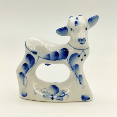 купить Статуэтка "Козленок с колокольчиком на шее", фаянс, роспись, Речицкий фарфоровый завод (Гжель), СССР, 1970-1985 гг.