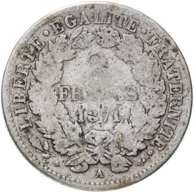 купить Франция 2 франка (francs) 1871 LIBERTE·EGALITE·FRATERNITE Знак монетного двора: "A" - Париж