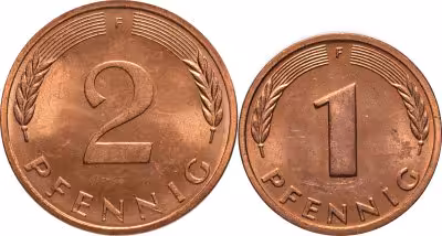 купить Германия, ФРГ набор из 2 монет (1 и 2 пфеннига) 1948-2001 двор F, случайные годы