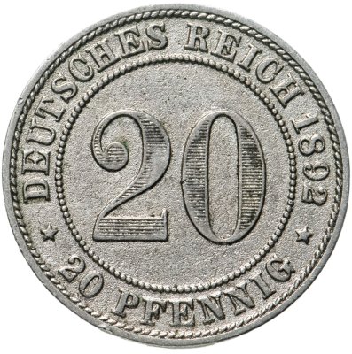 купить Германия 20 пфеннигов (pfennig) "A" 1892