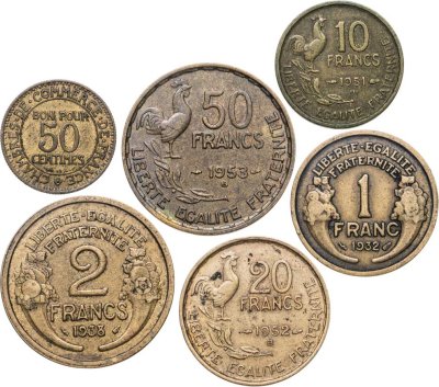 купить Франция набор из 6 монет - 50 сантимов, 1, 2, 10, 20, 50 франков 1922-1953