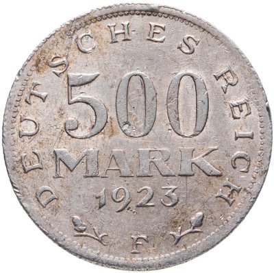 купить Германия (Веймарская республика) 500 марок 1923 F знак монетного двора "F" — Штутгарт