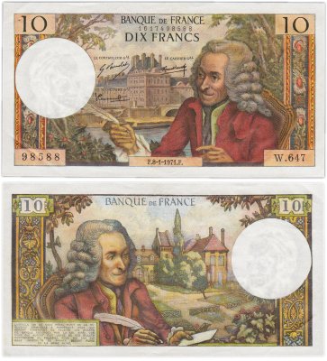 купить Франция 10 франков образца 1971 (1963-1973) Voltaire (Вольтер) Type (Pick 147с)