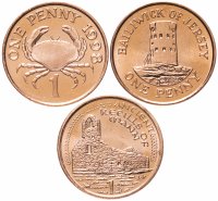 купить Коронные земли Великобритании набор 1-пенсовых монет 1998-2002 (3 штуки)