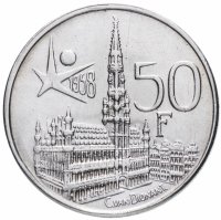 Купить Бельгия 50 франков (francs) 1958 "Международная выставка Экспо 1958 в Брюсселе", надпись на французском "DES BELGES"