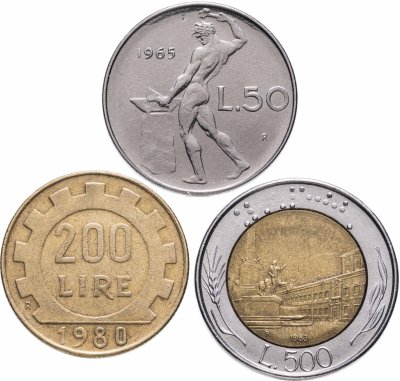 купить Италия набор из 3 монет 50, 200 и 500 лир 1965-1983