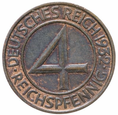 купить Германия (Веймарская республика) 4 рейх пфеннига (reichspfennig) 1932 F знак монетного двора "F" — Штутгарт
