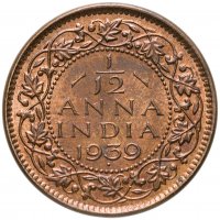 купить Индия (Британская)1/12 анны (anna) 1939 •, Лилии на короне пересекают полудугу знак монетного двора: "•" - Бомбей