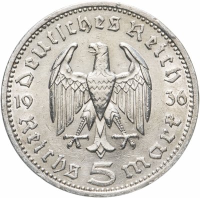 купить Германия (Третий Рейх) 5 рейхсмарок 1936, Двор А (Берлин), Орел без свастики (Гинденбург)