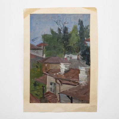 купить Эскиз "Алупка. Крыши с хаоса", художник Монастырёв Н.В., бумага, картон, масло, СССР, 1983 г.