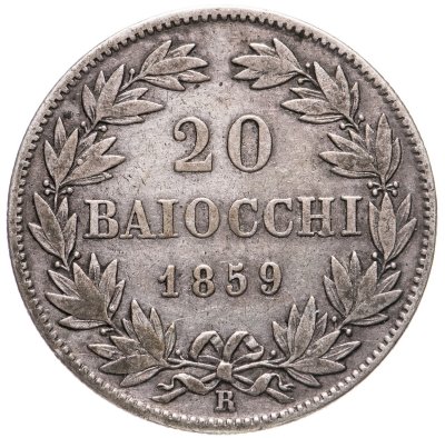 купить Папская область 20 байокко (baiocchi) 1859 XIII на аверсе. знак монетного двора на реверсе: "R" - Рим