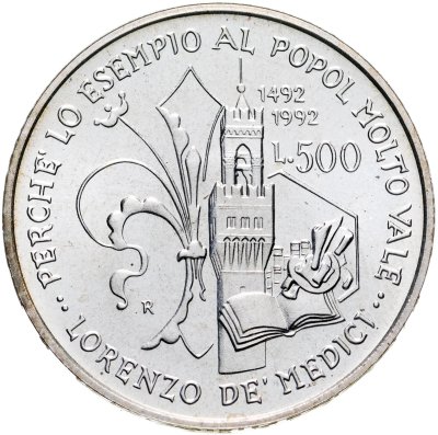 купить Италия 500 лир (lire) 1992 "500 лет со дня смерти Лоренцо ди Пьеро де Медичи"