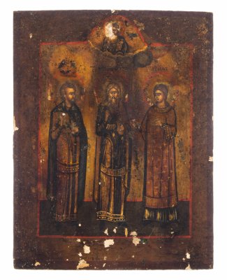 купить Икона "Святые Симон, Гурий, Авив" в окладе, дерево, темпера, металл, Российская Империя, 1880-1917 гг.