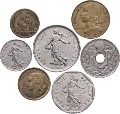 купить Франция набор из 7 монет 20, 25, 50 сантимов, 1/2, 2, 5, 10 франков 1925-1981