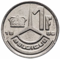 Купить Бельгия 1 франк (franc) 1989-1993 Надпись на французском - 'BELGIQUE'