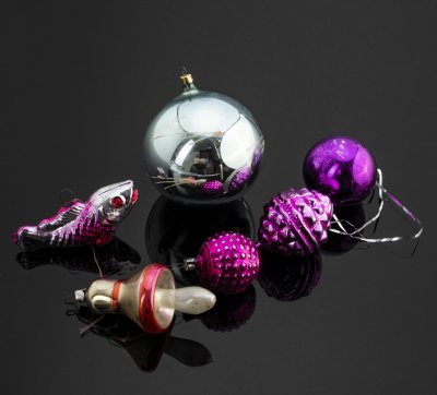 купить Набор из 6 ёлочных игрушек, стекло, краска, металл, СССР, 1960-1980 гг.