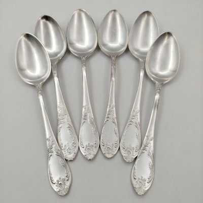 купить Набор из шести столовых ложек с растительным декором, мНЦ (медь-никель-цинк), Вольнянский завод столовых приборов им. Шевченко (ЗiШ, ЗиШ), СССР, 1960-1990 гг.