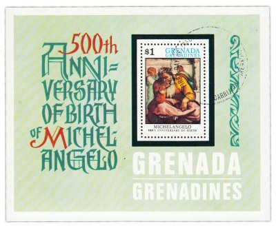 купить Гренада 1 доллар 1975 "500 лет со дня рождения Микеланджело, 1475-1564 гг.", почтовый блок