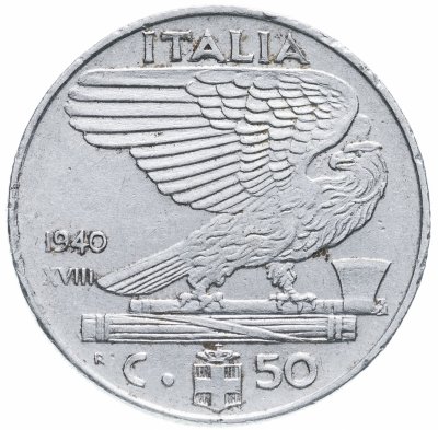купить Италия 50 чентезимо (centesimi) 1940 магнетик с надписью "XVIII"
