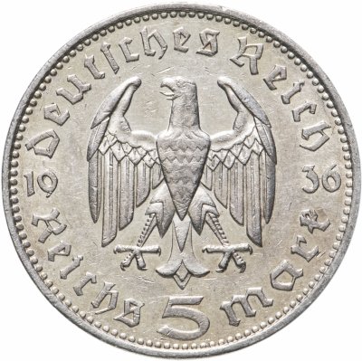купить Германия (Третий Рейх) 5 рейхсмарок 1936, Двор F (Штутгарт), Орел без свастики (Гинденбург)