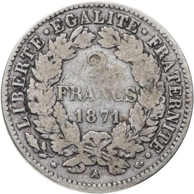 купить Франция 2 франка (francs) 1871 LIBERTE·EGALITE·FRATERNITE Знак монетного двора: "A" - Париж