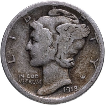 купить США 10 центов (дайм, one dime) 1918 S Mercury Dime знак монетного двора: "S" - Сан-Франциско
