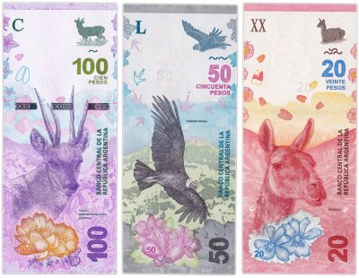 купить Аргентина набор 20, 50 и 100 песо 2017-2018