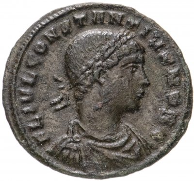 купить Римская Империя, Констанций II, 324–361 гг, фоллис (реверс: два воина стоят лицом друг к другу, между ними два штандарта)