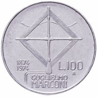 купить Италия 100 лир 1974 "100 лет со дня рождения Гульельмо Маркони"