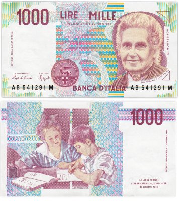купить Италия 1000 Лир 1990 "Мария Монтессори. Школа Монтессори"(Pick 114a)