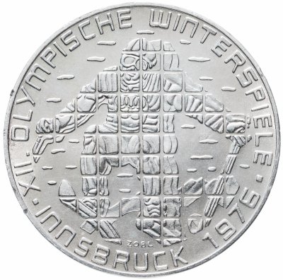 купить Австрия 100 шиллингов (shillings) 1975 Щит XII зимние Олимпийские Игры, Инсбрук 1976 - Лыжник знак монетного двора: "Щит" - Вена