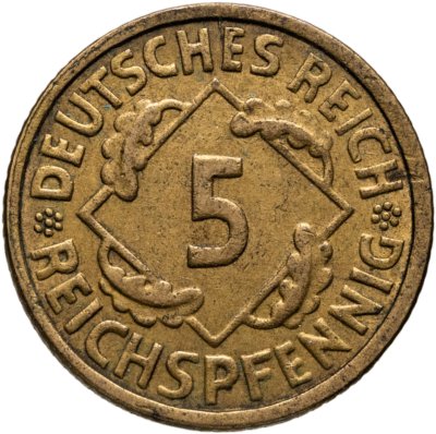 купить Германия 5 рейхспфеннигов (reichspfennig) 1925 F знак монетного двора "F" — Штутгарт