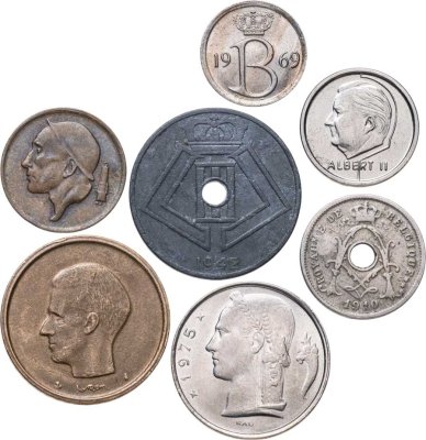 купить Бельгия набор из 7 монет 5, 25, 50 сантимов, 1, 5, 20 франков 1910-1994