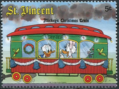 купить Сент-Винсент Почтовая марка 1988 "Дональд и Дейзи Дак в вагоне-ресторане"