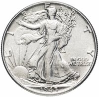 Купить США 50 центов (1/2 доллара, half dollar) 1945 Walking Liberty Half Dollar Без отметки монетного двора