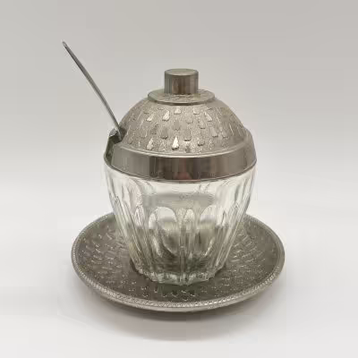 купить Горчичница с ложечкой на подносе, стекло, металл, СССР, 1960-1990 гг.