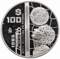 Купить Мексика 100 песо (pesos) 1985 Чемпионат мира по футболу 1986 - Мяч в сетке
