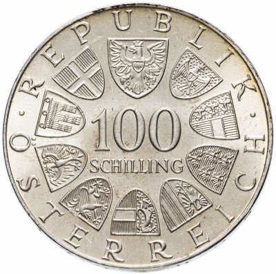купить Австрия 100 шиллингов (shillings) 1974 "XII зимние Олимпийские Игры, Инсбрук 1976 - Олимпийская эмблема"