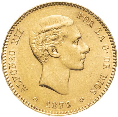купить Испания 25 песет (pesetas, ptas) 1879 с портретом Короля Альфонсо XII