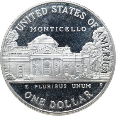 купить США 1 доллар (dollar) 1993 S Jefferson (250 лет со дня рождения Томаса Джефферсона) знак монетного двора "S" - Сан-Франциско