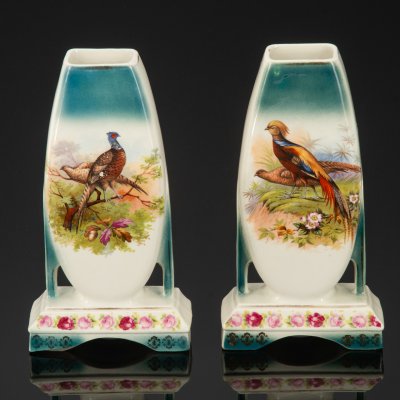 купить Парные вазы в стиле Art Deco, украшенные изображением птиц, Wasmuel Ceramics, фаянс, деколь, золочение, Бельгия, 1920-1940 гг.