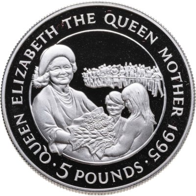 купить Олдерни 5 фунтов (pounds) 1995 95 лет со дня рождения Королевы-Матери