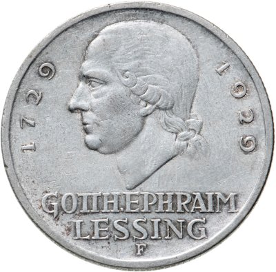 купить Германия 3 рейхсмарки (reichsmark) 1929 "200 лет со дня рождения Готхольда Лессинга", знак монетного двора "F" — Штутгарт