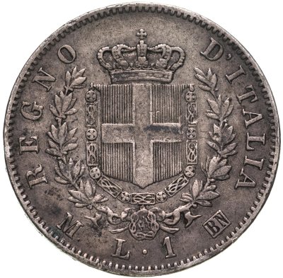 купить Италия 1 лира (lira) 1863 Щит на реверсе, знак монетного двора: "M" - Милан